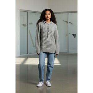 American Eagle Gray Cable Knit Hoodie Sweater Size Medium